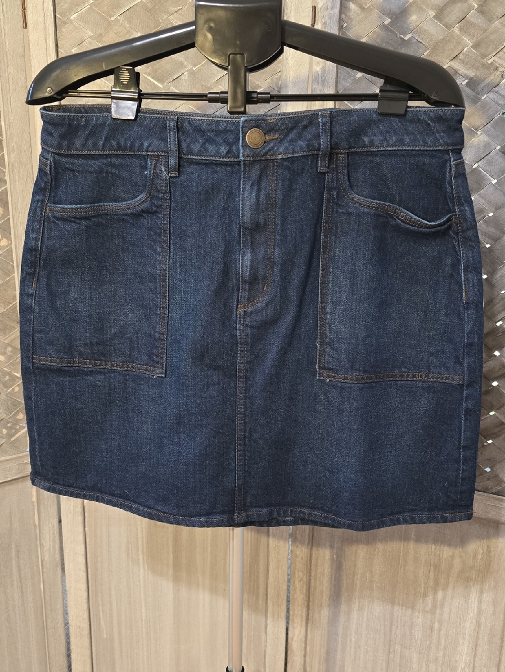 LOFT Dark Indigo Denim Mini Skirt with Front Patch Pockets